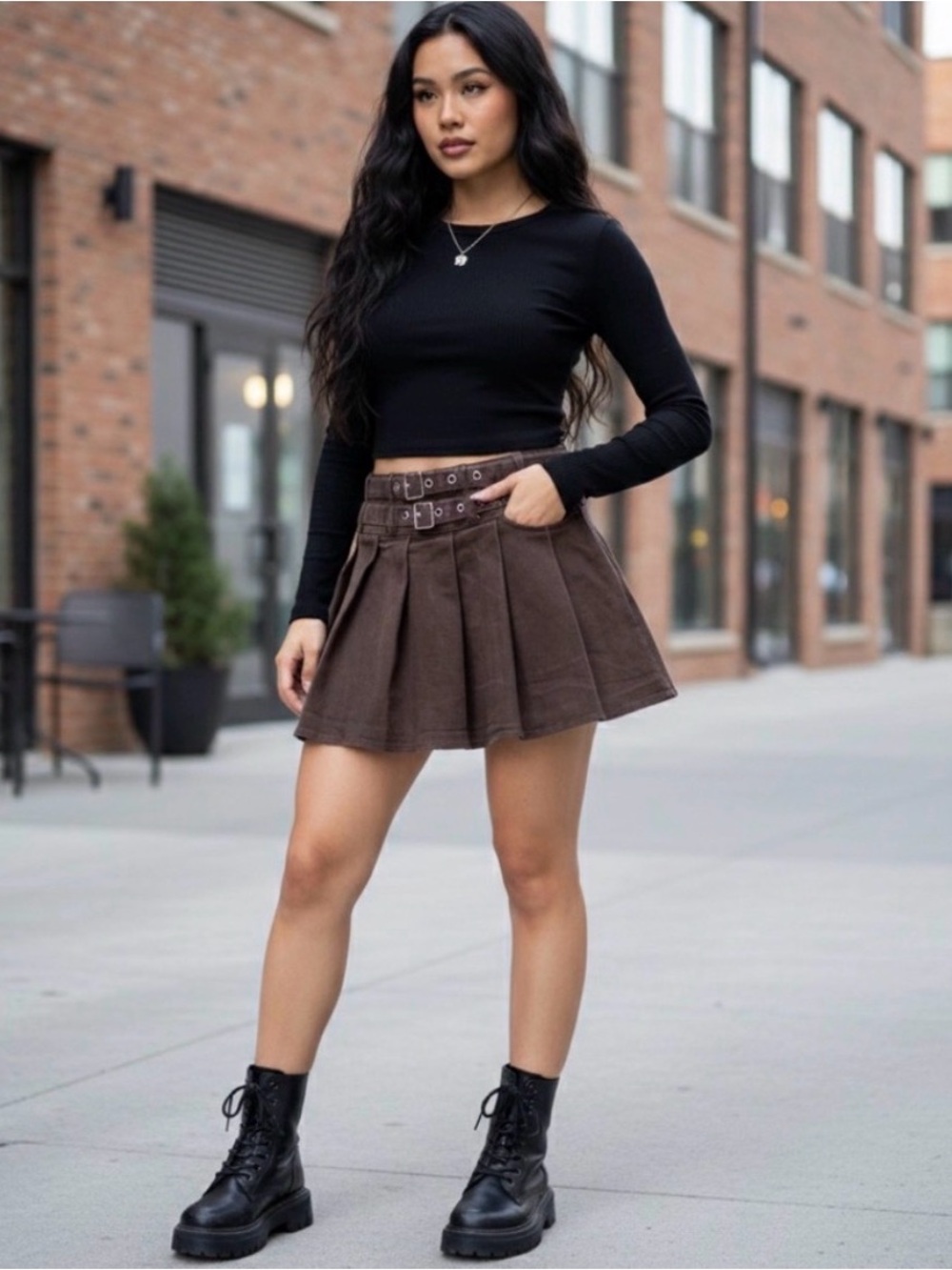 Y2K Brown Pleated Skirt Double Belted Utility Grommet Mini Fairy Grunge Punk S